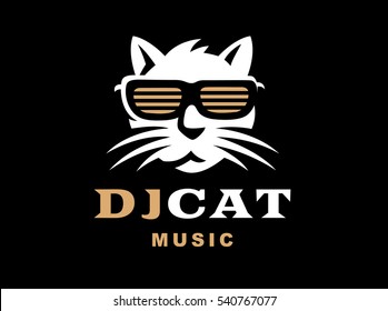 Hipster Cat DJ on black background. Vector Icon