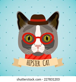 Hipster cat with glasses and hat portrait with ribbon poster vector illustration.