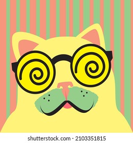 Hipster cat with glasses in retro cartoon style. Portrait of cat with hypnotic glasses. Funny Yellow cat in sunglasses is waiting for summer. Fools day banner. April 1st comic vector illustration
