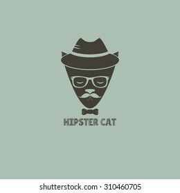 Hipster cat in a hat and with glasses. Vector illustration.