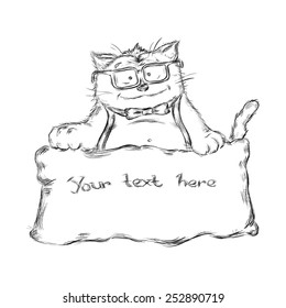 Hipster cat holding banner with space for  your text, vector illustration isolated on white background