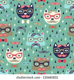 hipster cat seamless pattern 