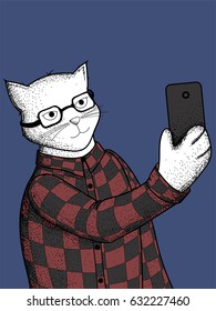 Hipster cat taking a selfie. Isolated vector illustration made in stippling technique