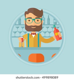 Hipster caucasian bartender with beard standing at the bar counter. Bartender with bottle and glass in hands. Bartender at work. Vector flat design illustration in the circle isolated on background.