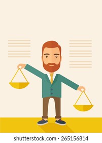 A hipster Caucasian businessman with beard carrying a balance scale with both hands weighing want and need. Balancing and priorization concept.  A contemporary style with pastel palette, beige tinted