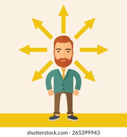 A hipster Caucasian businessman happily standing with arrows around him that shows his success in reaching his target in business. Business growth concept. A contemporary style with pastel palette