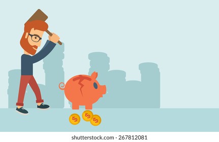 A hipster Caucasian businessman standing while holding a hammer breaking piggy bank 