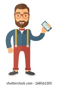 A hipster Caucasian happy standing holding his smartphone. Happy concept. A contemporary style. Vector flat design illustration with isolated white background. Vertical layout.   