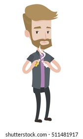 Hombre caucásico hipster con barba rompiendo el cigarrillo. Hombre aplastando el cigarrillo. Hombre con el cigarrillo roto. Dejar de fumar. Ilustración de diseño plana vectorial aislada en fondo blanco.