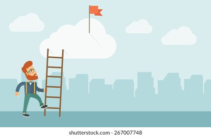A hipster Caucasian man with beard standing while holding the career ladder to get the flag in the clouds. Career, success concept. A contemporary style with pastel palette soft blue tinted background