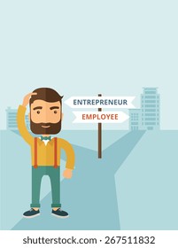 A hipster Caucasian man change career directions employee to entrepreneur street direction a sign of progress a big decision to make in changing direction. Improvement concept. A contemporary style