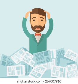 A hipster Caucasian man has a lot of works to do with those papers infront of him, problem on how to meet the deadline of his report. Disappointment concept. A contemporary style with pastel palette