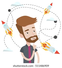 Hipster caucasian man looking at flying business rockets. Young man came up with an idea for a business startup. Business startup concept. Vector flat design illustration isolated on white background.