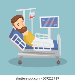 Hipster Kaukasier Mann im Bett im Krankenhaus. Patient, der sich im Krankenhausbett mit Herzfrequenz-Monitor befindet. Patienten während der Bluttransfusion. Vektorflache Design-Illustration. Quadratisches Layout.