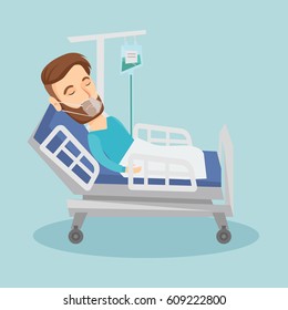 Hipster caucasian man lying in hospital bed with oxygen mask. Man during medical procedure with drop counter. Patient recovering in bed in hospital. Vector flat design illustration. Square layout.