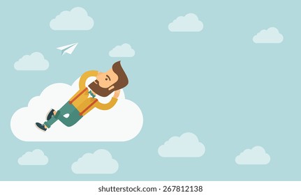 A hipster Caucasian man is relaxing while lying on a cloud.