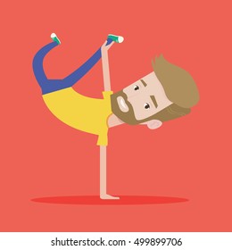 A hipster caucasian man showing his skills in break dance. Happy breakdance dancer doing handstand. Young smiling man dancing. Strong man breakdancing. Vector flat design illustration. Square layout.