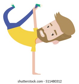 A hipster caucasian man showing his skills in break dance. Happy breakdance dancer doing handstand. Young smiling strong man breakdancing. Vector flat design illustration isolated on white background.