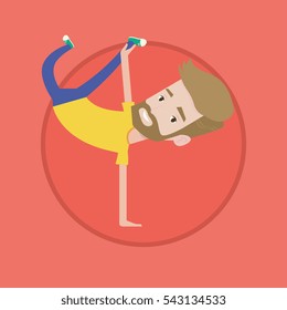 Hipster Caucasian Man Showing His Skills In Break Dance. Happy Breakdance Dancer Doing Handstand. Young Smiling Man Breakdancing. Vector Flat Design Illustration In The Circle Isolated On Background.