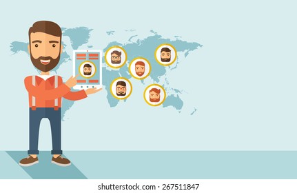 A hipster Caucasian man standing holding tablet with social media. A contemporary style with pastel palette soft blue tinted background. Vector flat design illustration. Horizontal layout with text