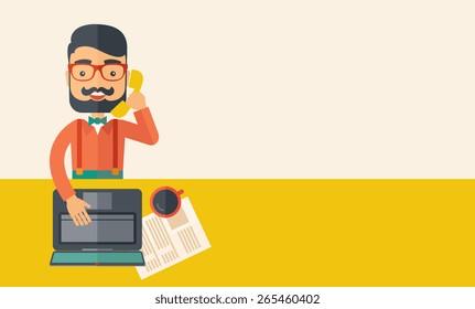 Hipster Caucasian online customer service operator with beard smiling while talking to his customer inside his office. Business communication concept. A contemporary style with pastel palette, beige