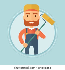 A hipster caucasian painter with the beard in uniform holding a paint roller in hands. Painter at work. Painter vector flat design illustration in the circle isolated on background.