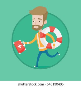 Hipster caucasian paramedic running with first aid box. Young paramedic running to patients. Paramedic running with lifebuoy. Vector flat design illustration in the circle isolated on background.