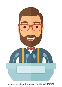 A hipster Caucasian speaker delivers a speech at the podium with a microphone. Wide and expressive gestures of the speakerA Contemporary style. Vector flat design illustration with isolated white
