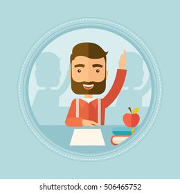 Hipster caucasian student with beard raising hand in the classroom for an answer. Student sitting at the table with raised hand. Vector flat design illustration in the circle isolated on background.