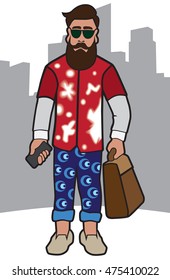 Hipster with cell phone and bag