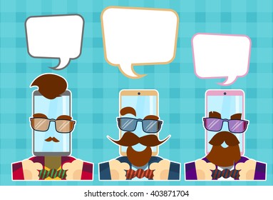 Hipster Cell Smart Phone Group With Chat Bubble Glasses Mustache Beard Retro Style Flat Vector Illustration