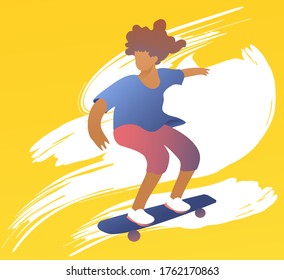 Hipster character with afro on a longboard in motion. Isolated illustration on a yellow and white background, speed skateboard.