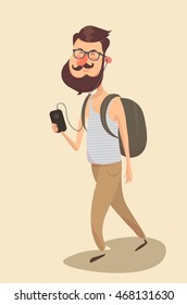 hipster character against on white background. listening to music from your phone. Isolated object in flat cartoon style. Vector illustration.