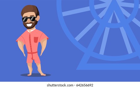 Hipster character cartoon In overalls similar to sliders vector illustration. The man smiles widely in sunglasses. Romphim