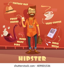 Hipster character cartoon set with vintage hat and indie music player vector illustration 