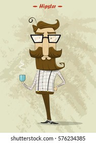 Hipster character with cup of tea or coffee. Cartoon vector illustration. Easy to edit