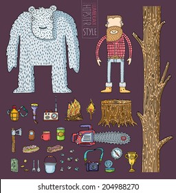 Hipster character design with hipster elements for camping.Vector illustration