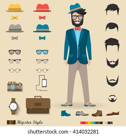 Hipster character design with hipster elements and icons set. Vector illustration