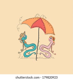 Hipster character, doodle hand drawn vector illustration with fashion snake on the beach