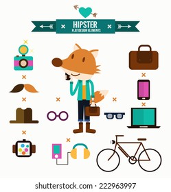 Hipster character with hipster elements and icons. flat design infographics. vector illustration