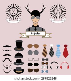 Hipster character with elements and icons for retro style.