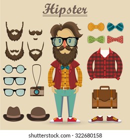 Personagem hipster e elementos hipster, itens, moda, ilustração vetorial