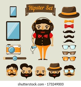 Hipster character elements for nerd boy with customizable face look and clothing vector illustration