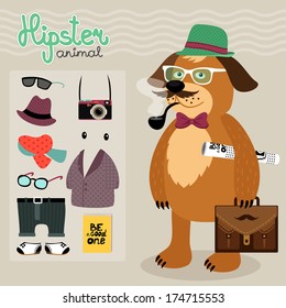 Hipster character elements for nerd puppy dog with customizable face look and clothing vector illustration