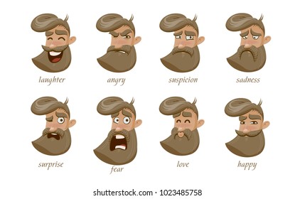 Hipster character expressions cartoon set. Funny collections. Laughter, angry, suspicion, sadness, surprise, fear, love, happy. 
