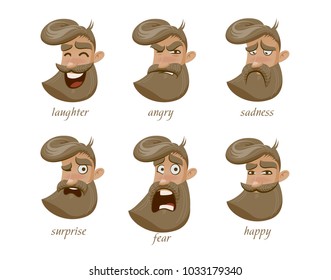 Hipster character expressions set. Laughter, angry, suspicion, sadness, surprise, fear, love, happy. Vector illustration.
