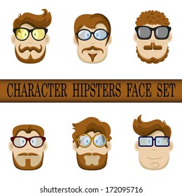 Hipster character face set. Hipster Character Kit - Hairstyles, Glasses, Mustaches, Beards. Vector illustration. EPS 10