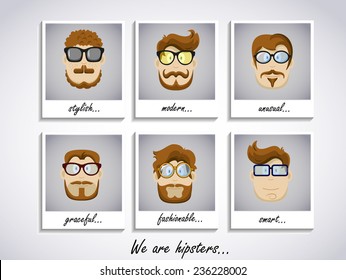 Hipster character face set. Hipster Character Kit - Hairstyles, Glasses, Mustaches, Beards. Vector illustration. EPS 10