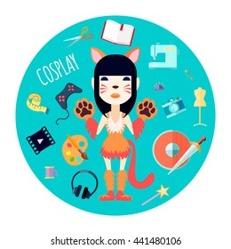 Hipster character girl in self made cat costume and fashion accessories flat round mint background abstract vector illustratio