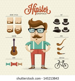 Hipster character illustration with hipster elements and icons